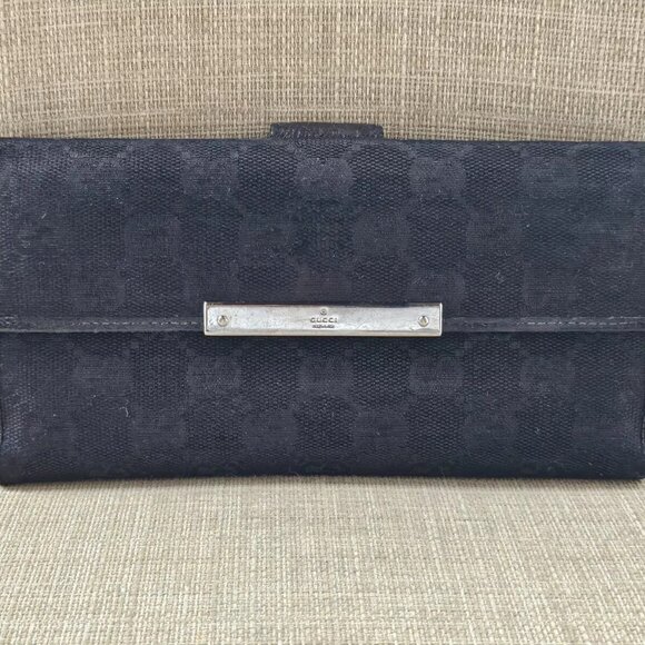 Gucci Clutch Wallet Black Leather/Canvas Bag Card Holder Purse Made in Italy aut - Picture 1 of 14